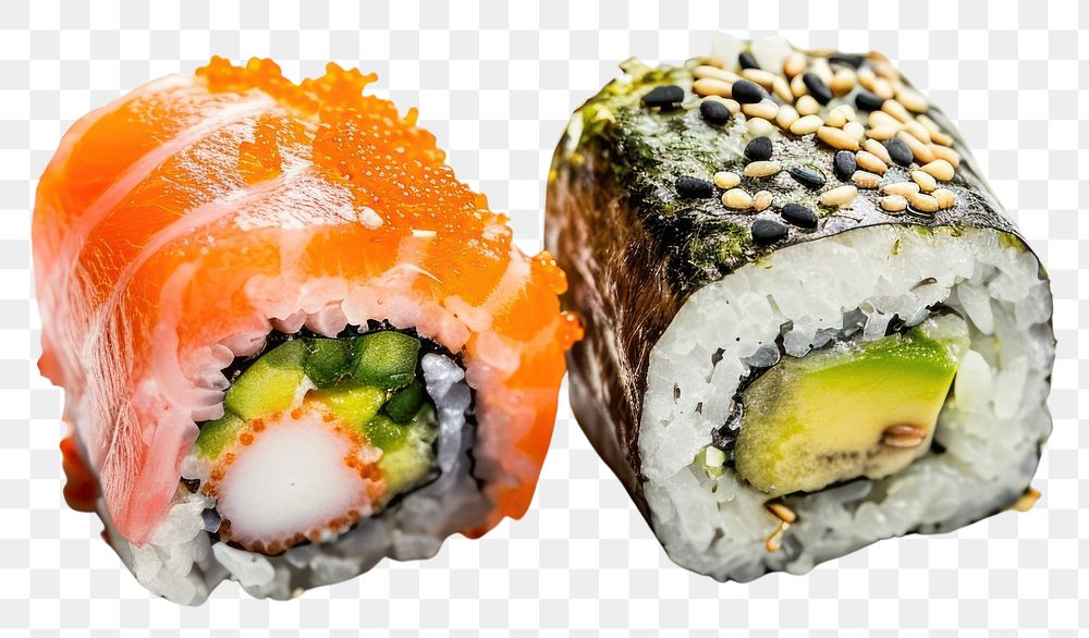 PNG Sushi with cut in half sushi rice food.