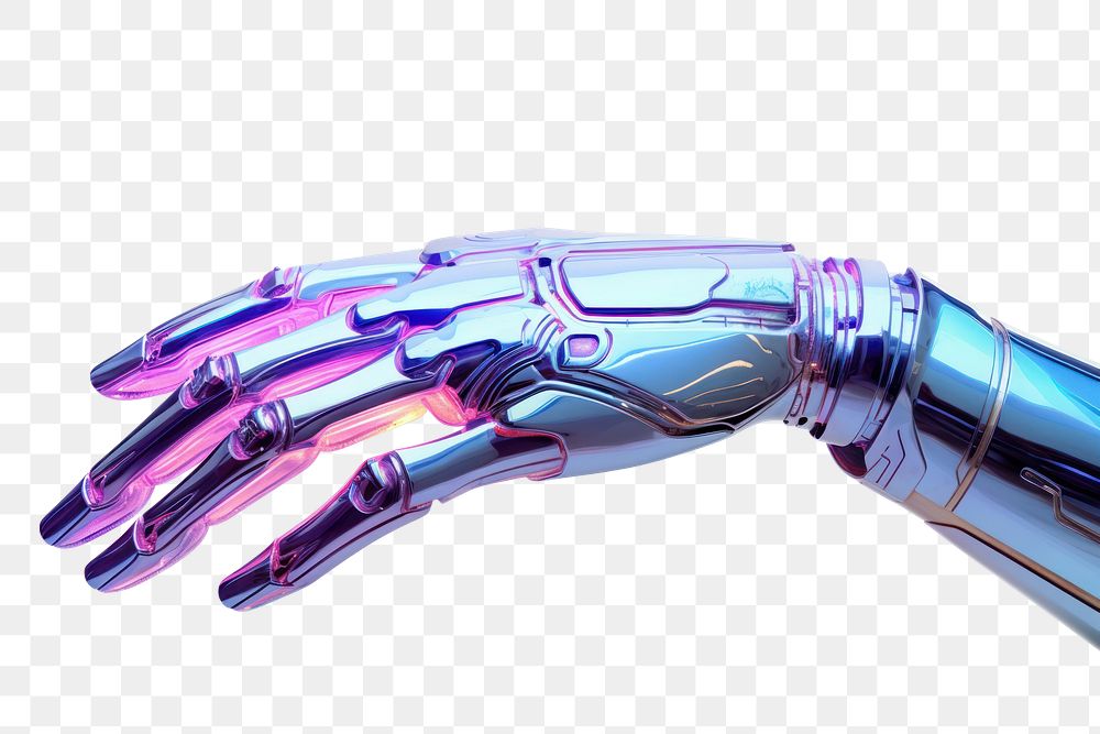 PNG  Robot hand iridescent white background electronics technology.