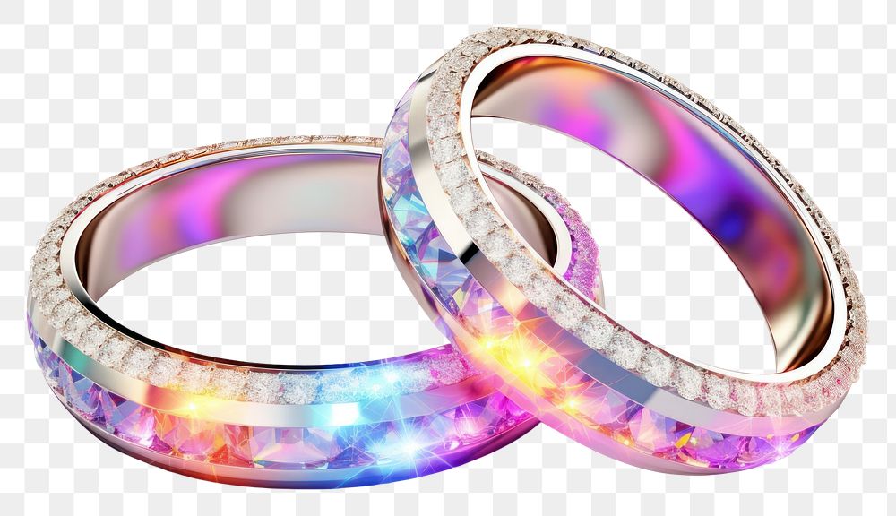 PNG  Two diamond rings iridescent gemstone jewelry white background.