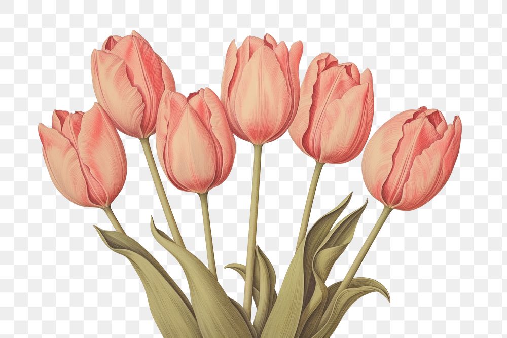 PNG  Vintage tulips print on paper flower plant rose.