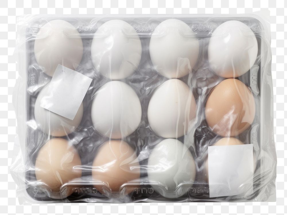 PNG Plastic wrapping over an egg carton with label food container fragility.