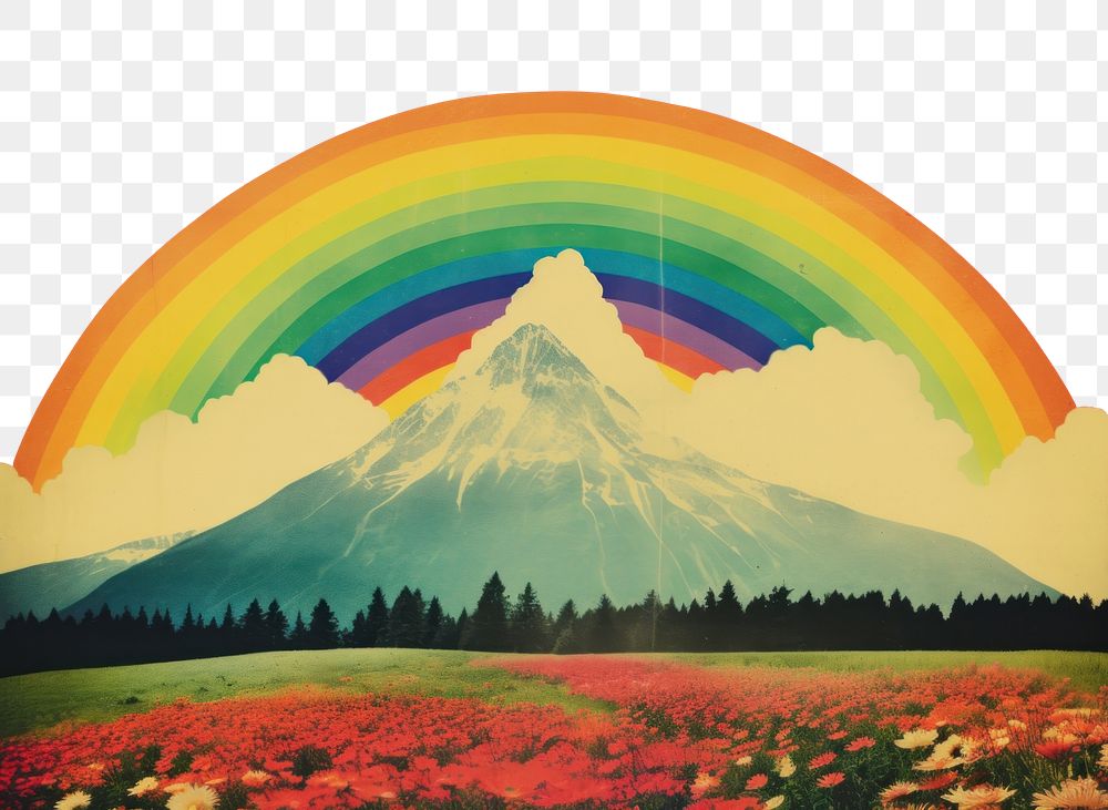 PNG Collage Retro dreamy of a flower field mountain rainbow art.