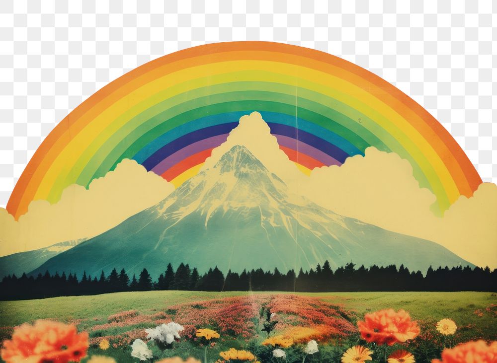 PNG Collage Retro dreamy of a flower field mountain rainbow art.