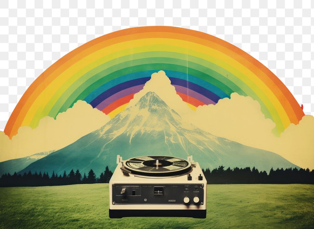 PNG Collage Retro dreamy of the old phonograph rainbow art mountain.