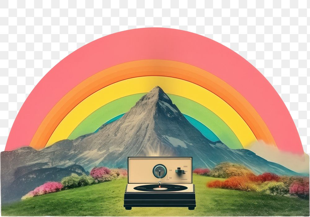 PNG Collage Retro dreamy of the phonograph rainbow art mountain.