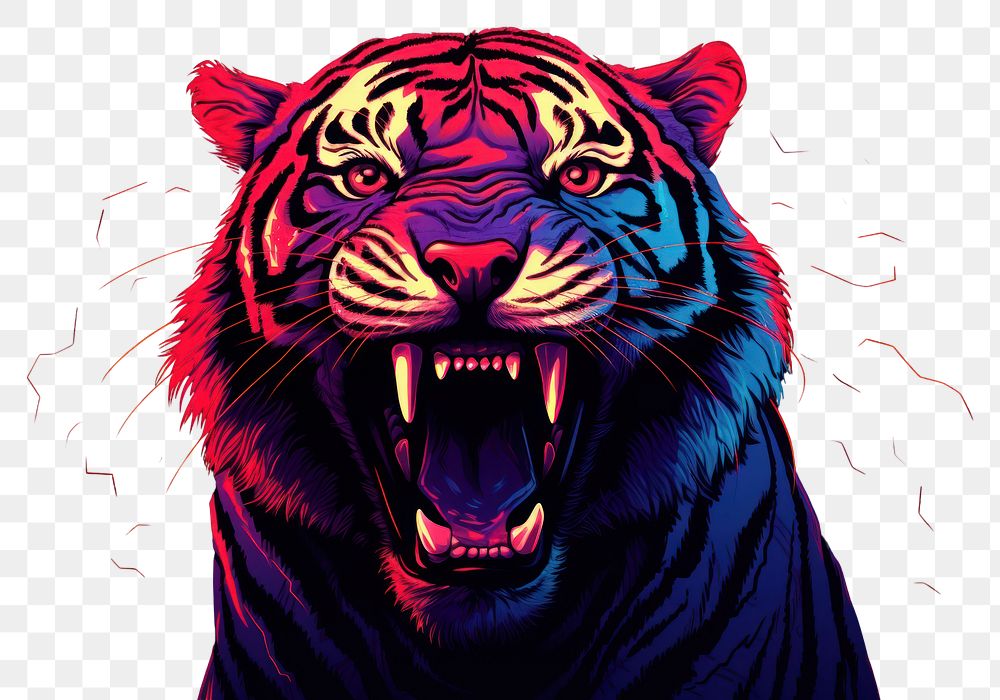 PNG Illustration roaring Bengal tiger neon rim light wildlife animal mammal.