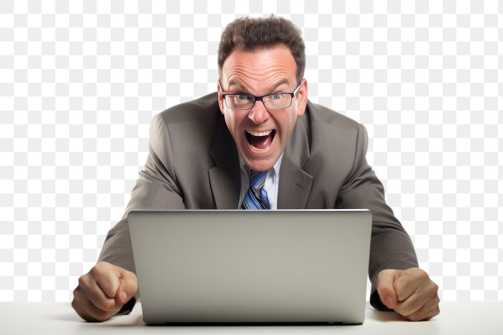 PNG  Businessman computer shouting laptop.