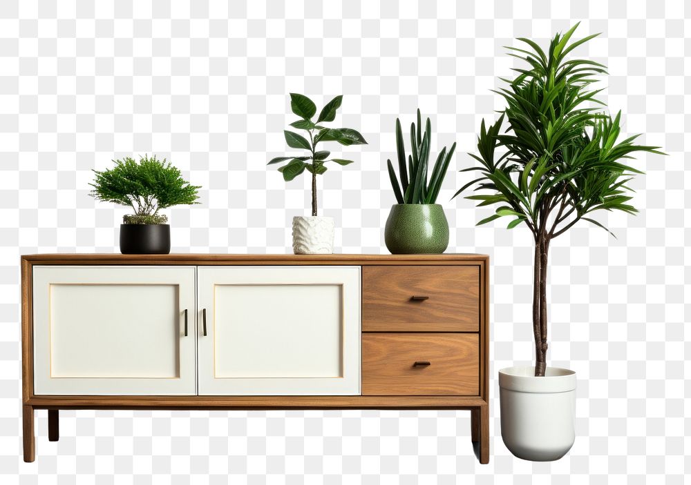 PNG  Houseplants furniture sideboard cabinet houseplant vase leaf. 