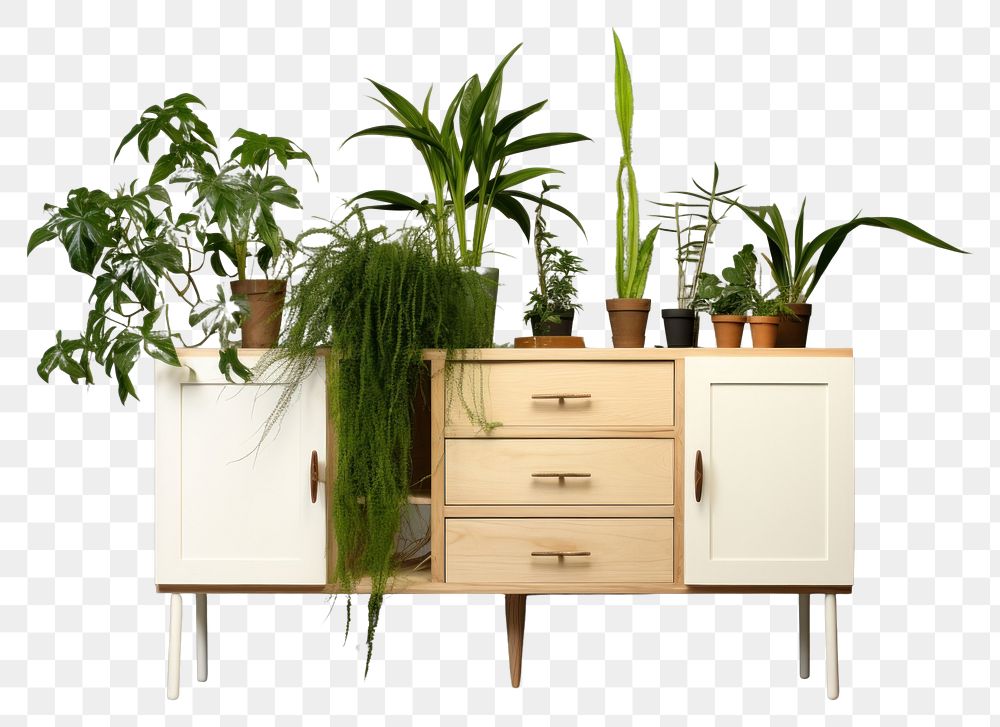 PNG  Houseplants furniture sideboard cabinet houseplant drawer chiffonier. AI generated Image by rawpixel.