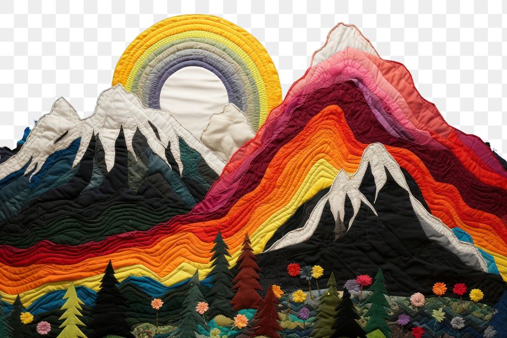 PNG Mountain with rainbow landscape pattern quilt.