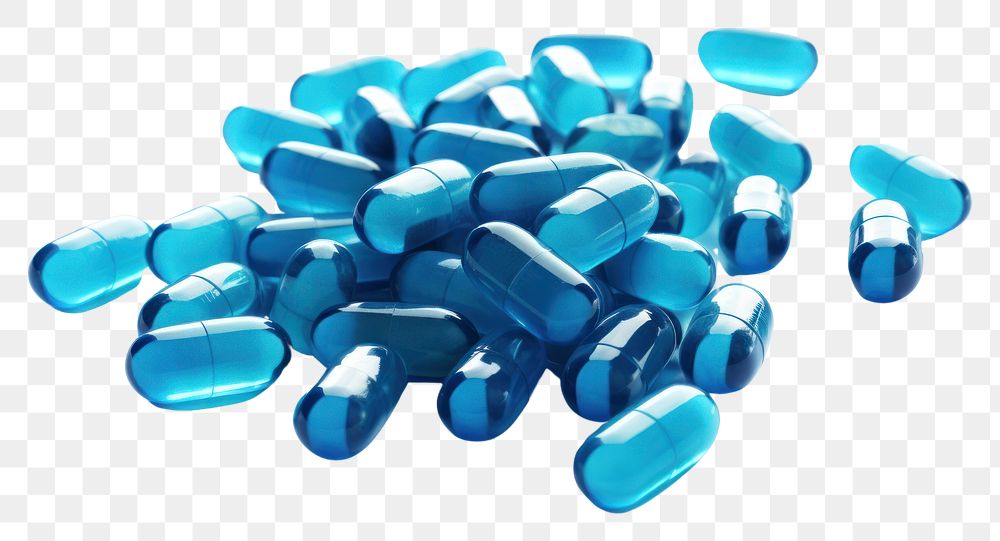 PNG  Antibiotic pill Blue capsules falling Healthcare blue white background medication. AI generated Image by rawpixel.