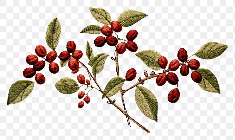 PNG Coffee plant in embroidery style cherry fruit cranberry.