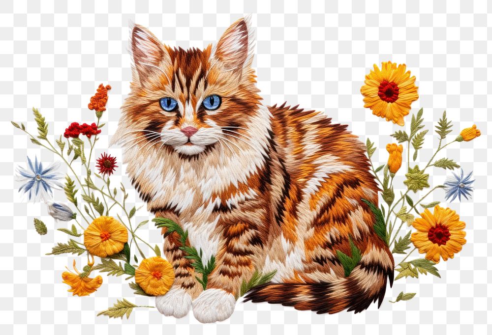 PNG Cat with flower in embroidery style drawing pattern mammal