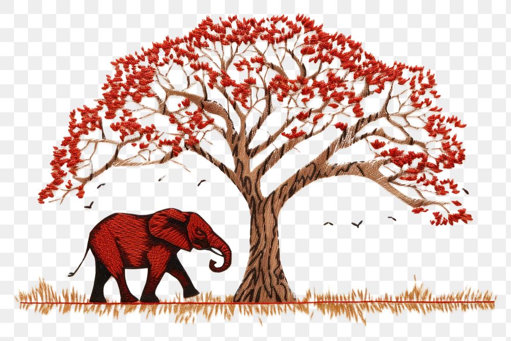PNG Elephant and tree in embroidery style wildlife outdoors savanna.