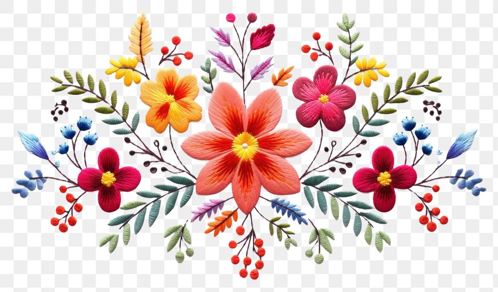 PNG Flower frame in embroidery style needlework pattern textile.
