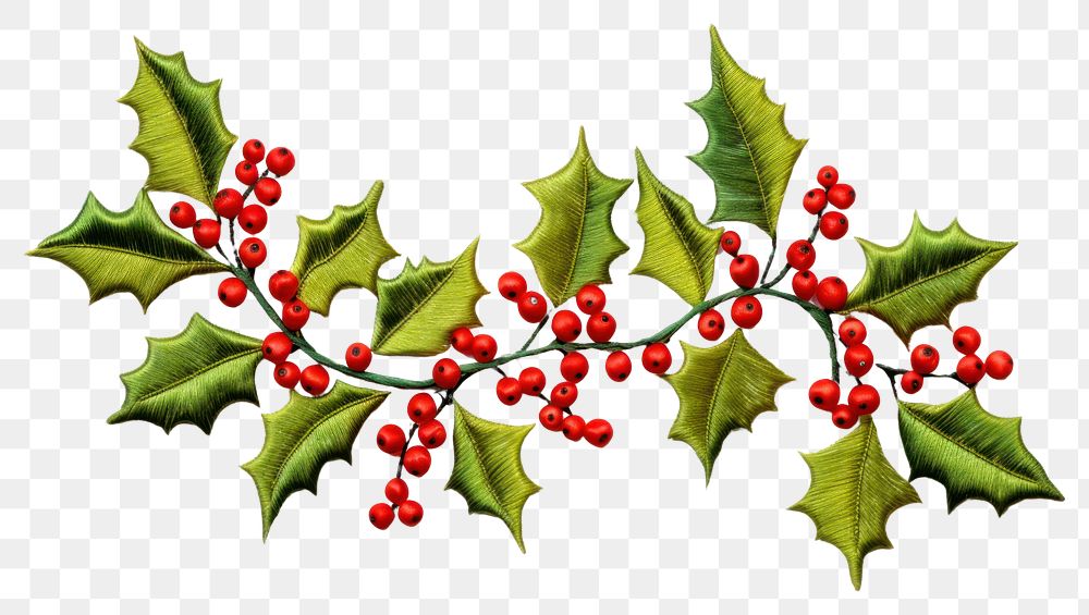 PNG Holly in embroidery style plant leaf celebration.