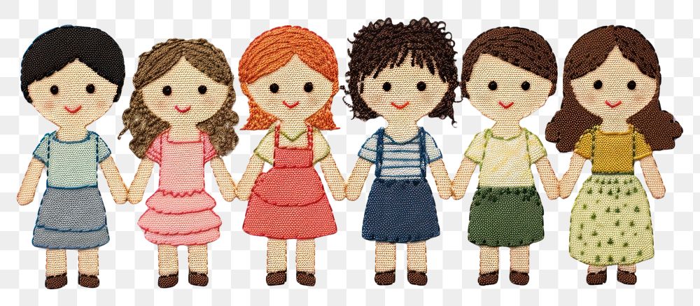 PNG Simplify 3 kids in embroidery style doll toy representation.
