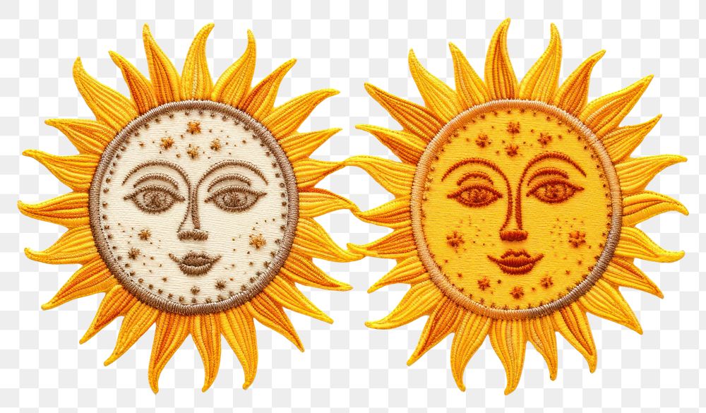 PNG Sun and moon in embroidery style sunflower pattern face.
