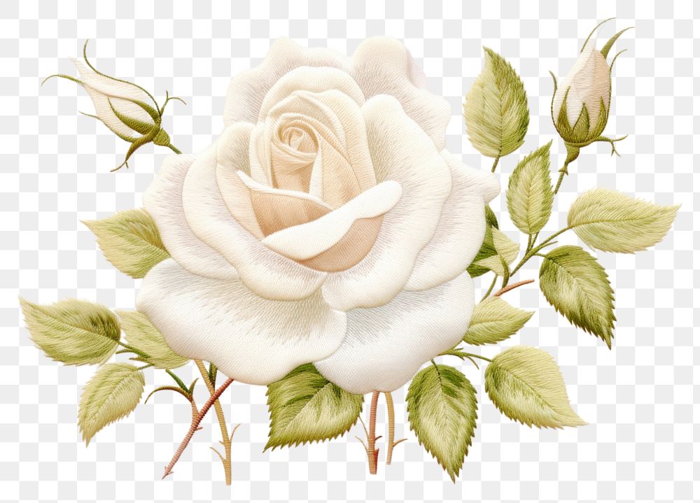 PNG White rose in embroidery style pattern textile flower.