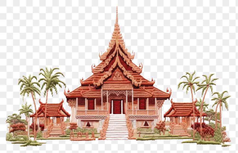 PNG Thai house in embroidery style architecture building pagoda.