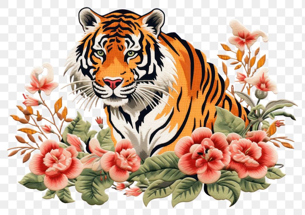 PNG Tiger and plant in embroidery style wildlife pattern animal.
