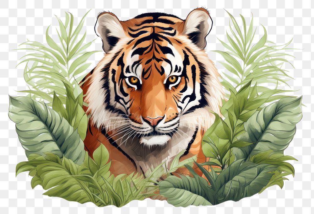 PNG Tiger and plant in embroidery style wildlife animal mammal.
