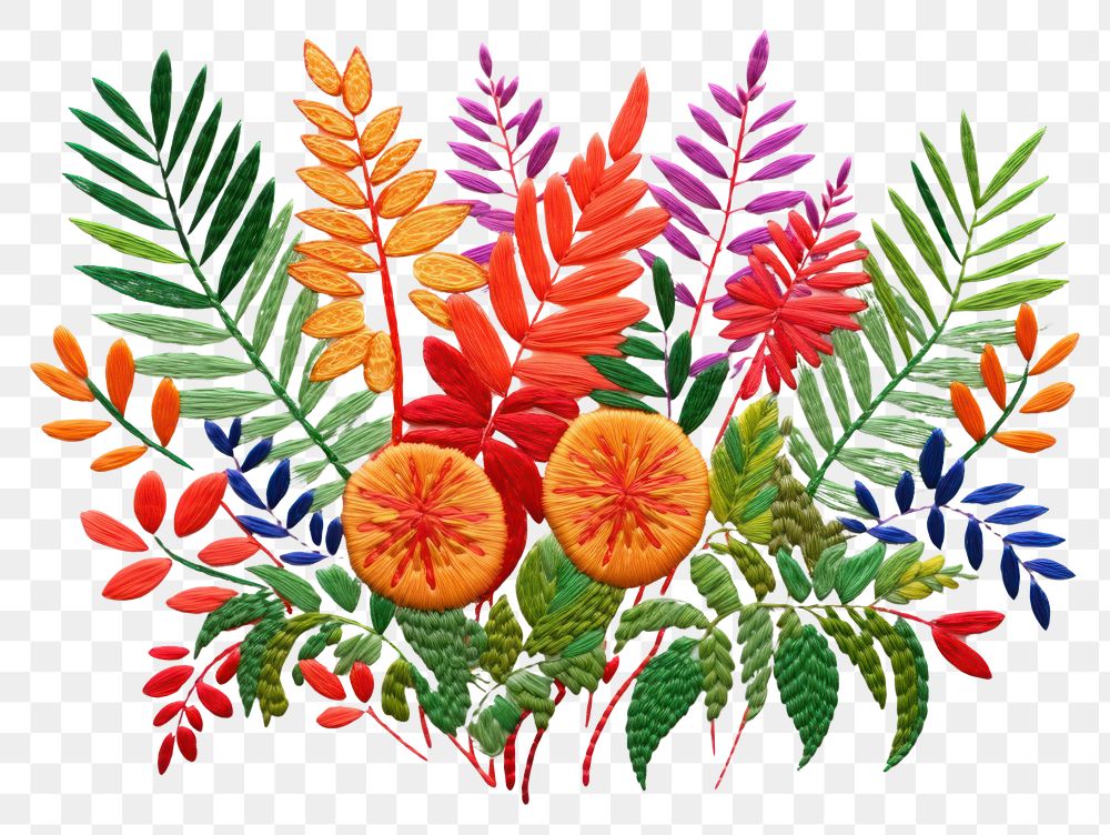 PNG Tropical plant in embroidery style needlework pattern leaf.