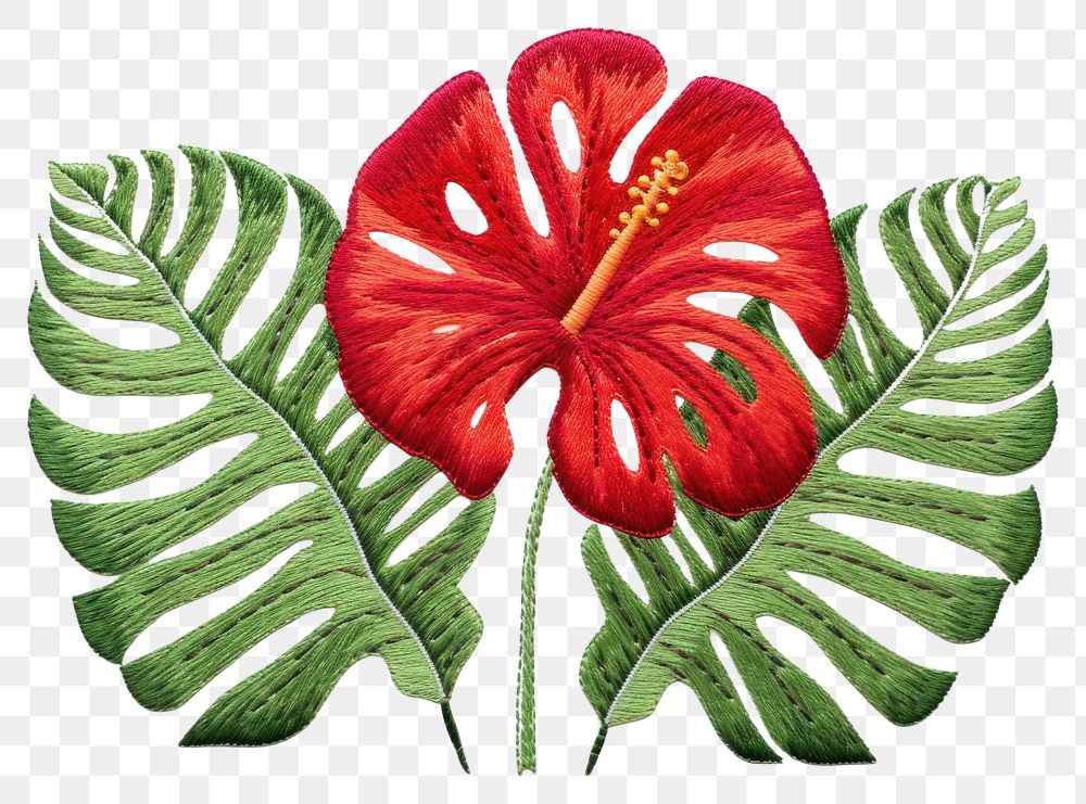 PNG Tropical plant in embroidery style hibiscus tropics pattern.