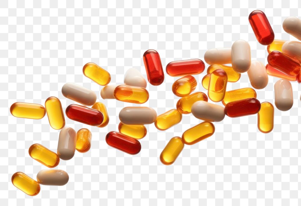PNG  Capsules spilling out of bottle white background medication variation. AI generated Image by rawpixel.