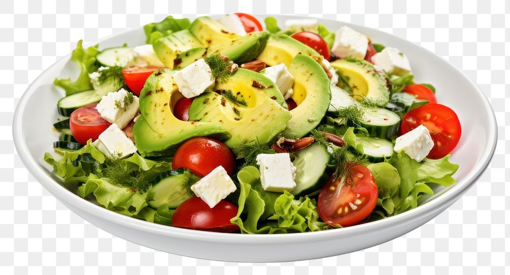 PNG Healthy green salad with avocado feta cheese and fresh vegetables plate plant food.