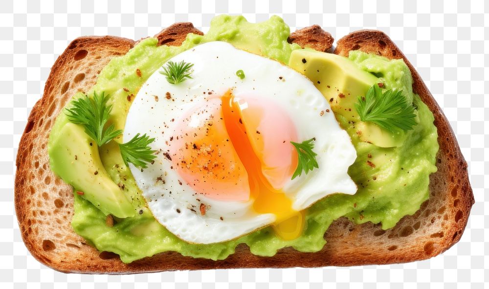 PNG  Poached egg with salmon and guacamole on rye bread food white background breakfast.