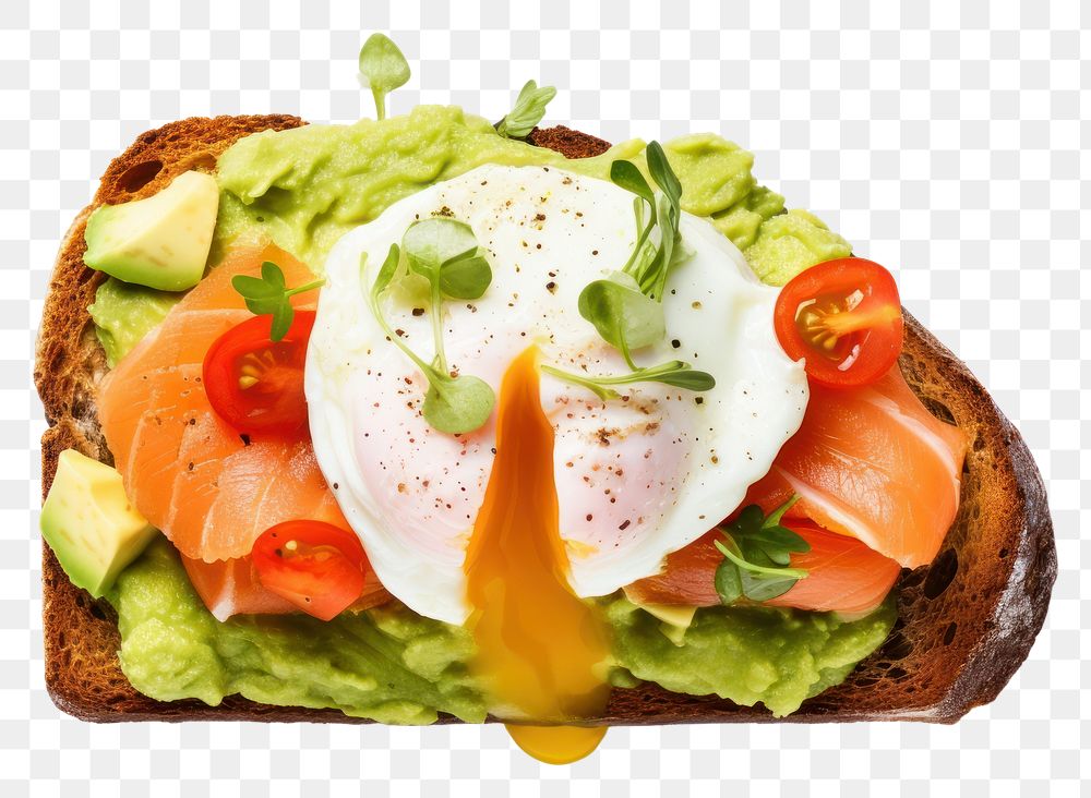 PNG  Poached egg with salmon and guacamole on rye bread food white background poached egg.