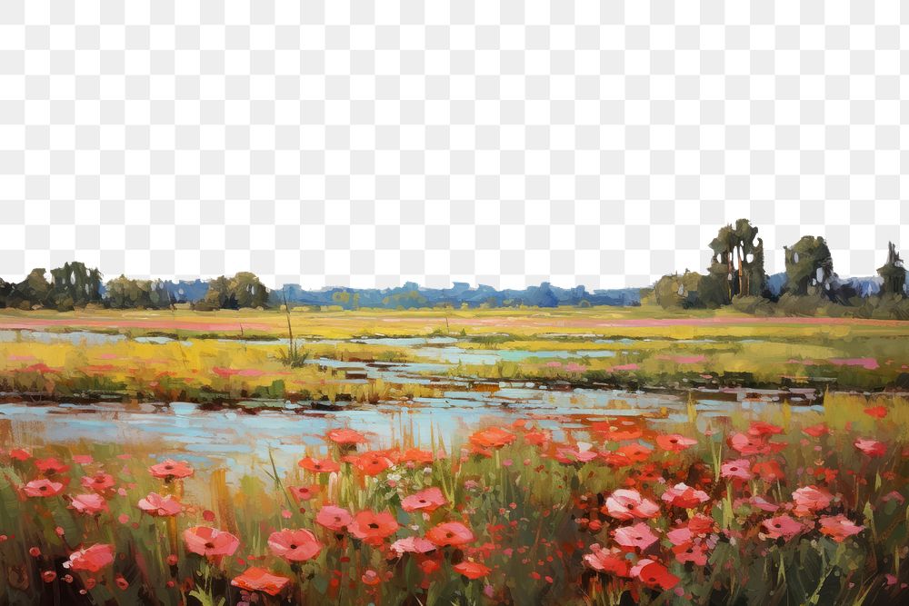 PNG Field of red flowers landscape painting grassland. AI generated Image by rawpixel.