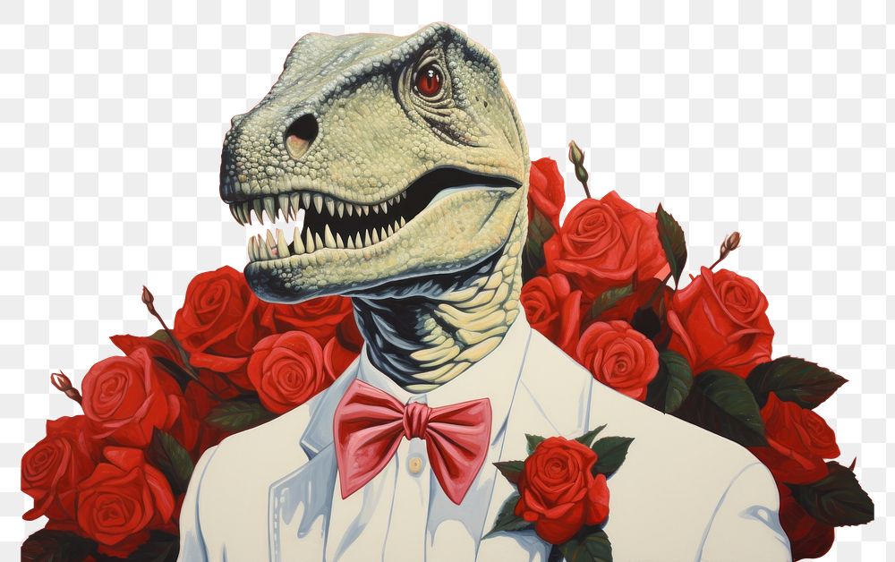 PNG Art painting an illustration of dinosaur with white suit with red rose reptile representation creativity. AI generated…