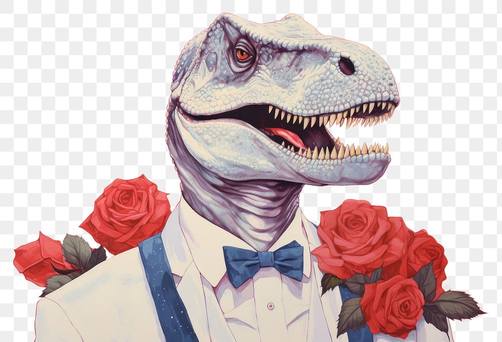 PNG Art painting an illustration of dinosaur with white suit with red rose portrait reptile animal. AI generated Image by…