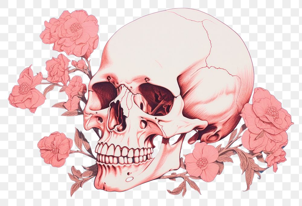 PNG Art painting an illustration of skull with flower drawing sketch plant. AI generated Image by rawpixel.