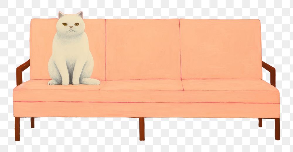 PNG Art painting an illustration of one white cat standing alone on brown sofa furniture mammal animal. AI generated Image…
