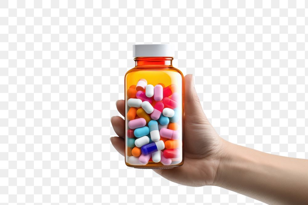 PNG  A hand holding a medicine bottle filled with colorful medicine capsules pill white background medication. AI generated…