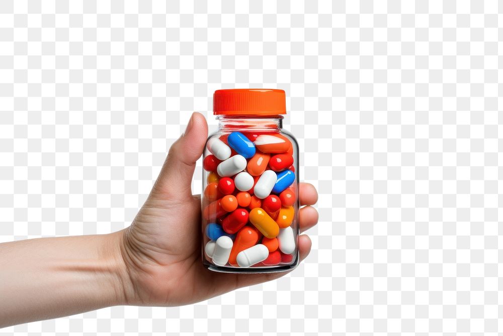 PNG  A hand holding a medicine bottle filled with colorful medicine capsules pill white background medication. AI generated…