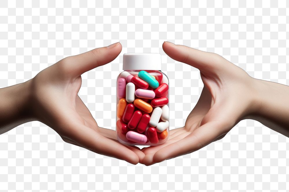 PNG  A hand holding a medicine bottle filled with colorful medicine capsules pill antioxidant medication. AI generated Image…