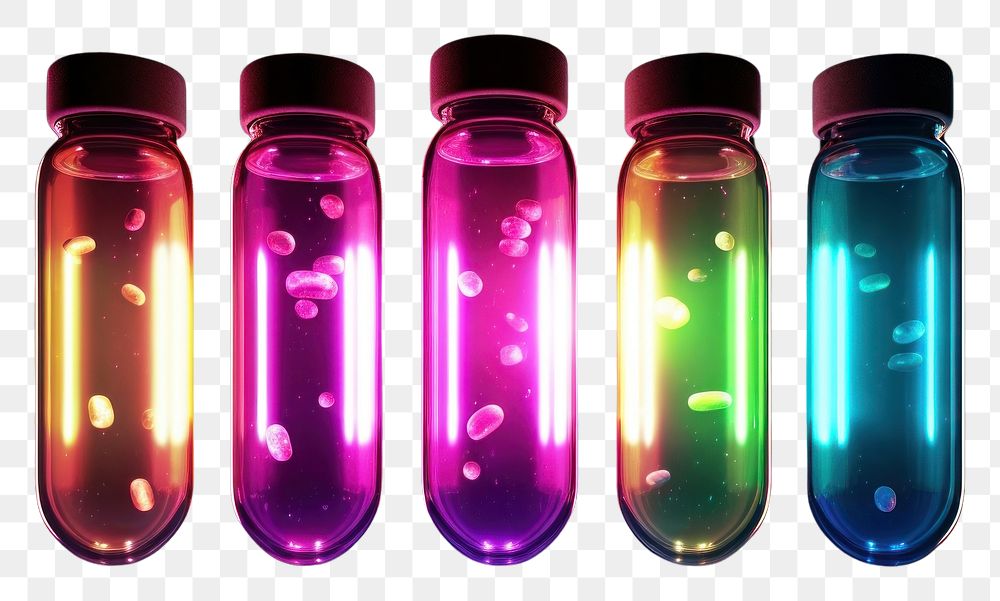 PNG  Four neon glow medicine capsules floating light biochemistry illuminated. AI generated Image by rawpixel.