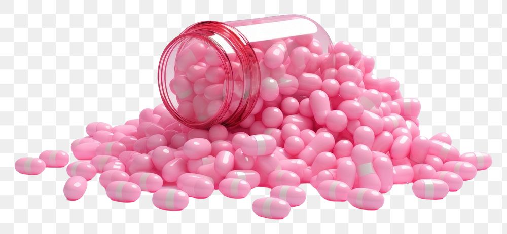 PNG  Pink medicine tablets spilled from medicine bottle medication container abundance. AI generated Image by rawpixel.