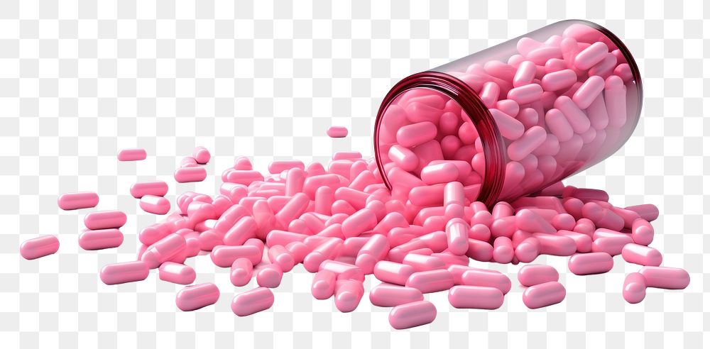 PNG  Pink medicine tablets spilled from medicine bottle medication pharmacy capsule. AI generated Image by rawpixel.