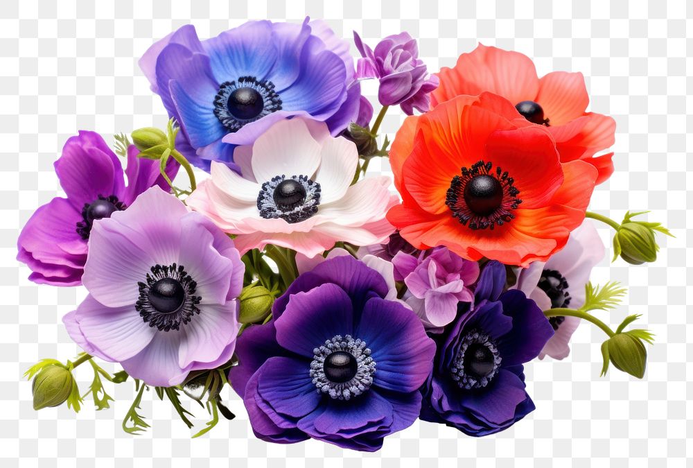 PNG Colorful anemone flower bouquet blossom plant white background.