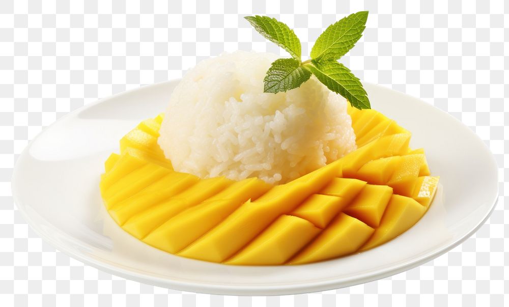 PNG A Thai mango and coconut sticky rice dessert fruit plate.