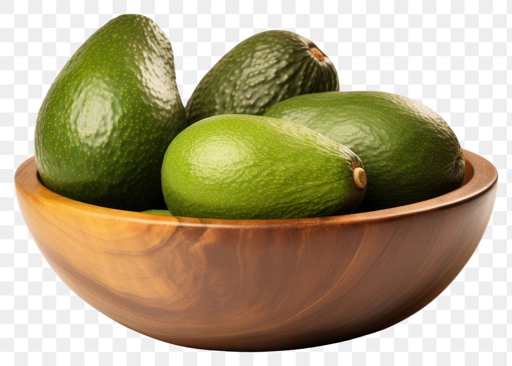 PNG Avocado fruits in a wooden bowl plant food white background.
