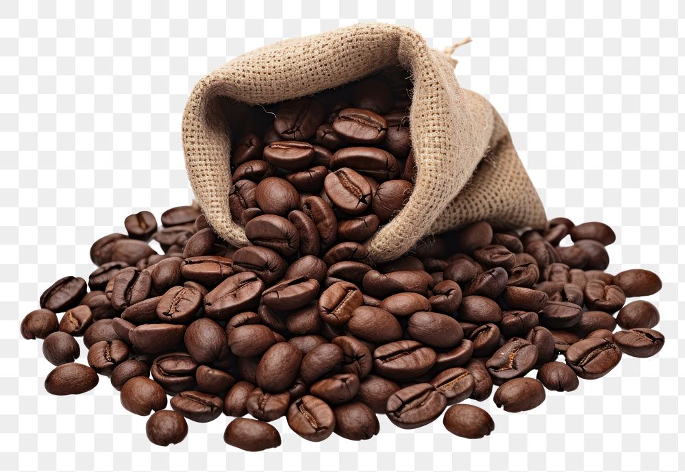 PNG Coffee beans in a small sack white background freshness abundance.
