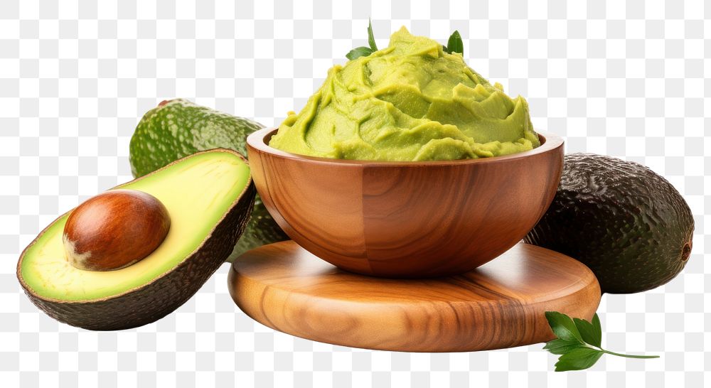 PNG Guacamole in a wooden bowl and avocado fruits on the side plant food white background.