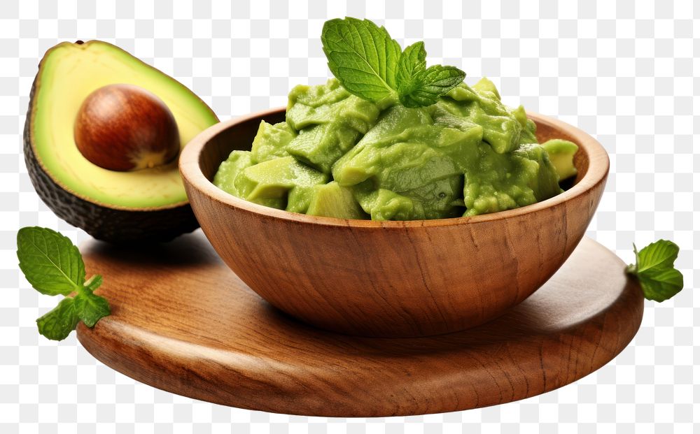 PNG Guacamole in a wooden bowl and avocado fruits on the side plant food ingredient.