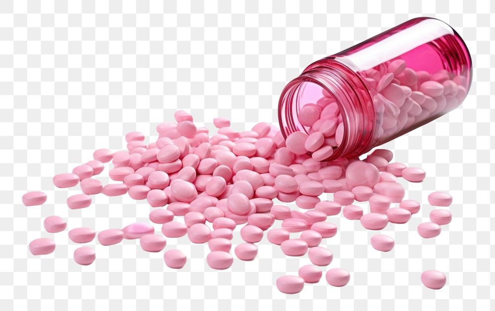 PNG  Pink medicine tablets spilled from medicine bottle medication container abundance. AI generated Image by rawpixel.